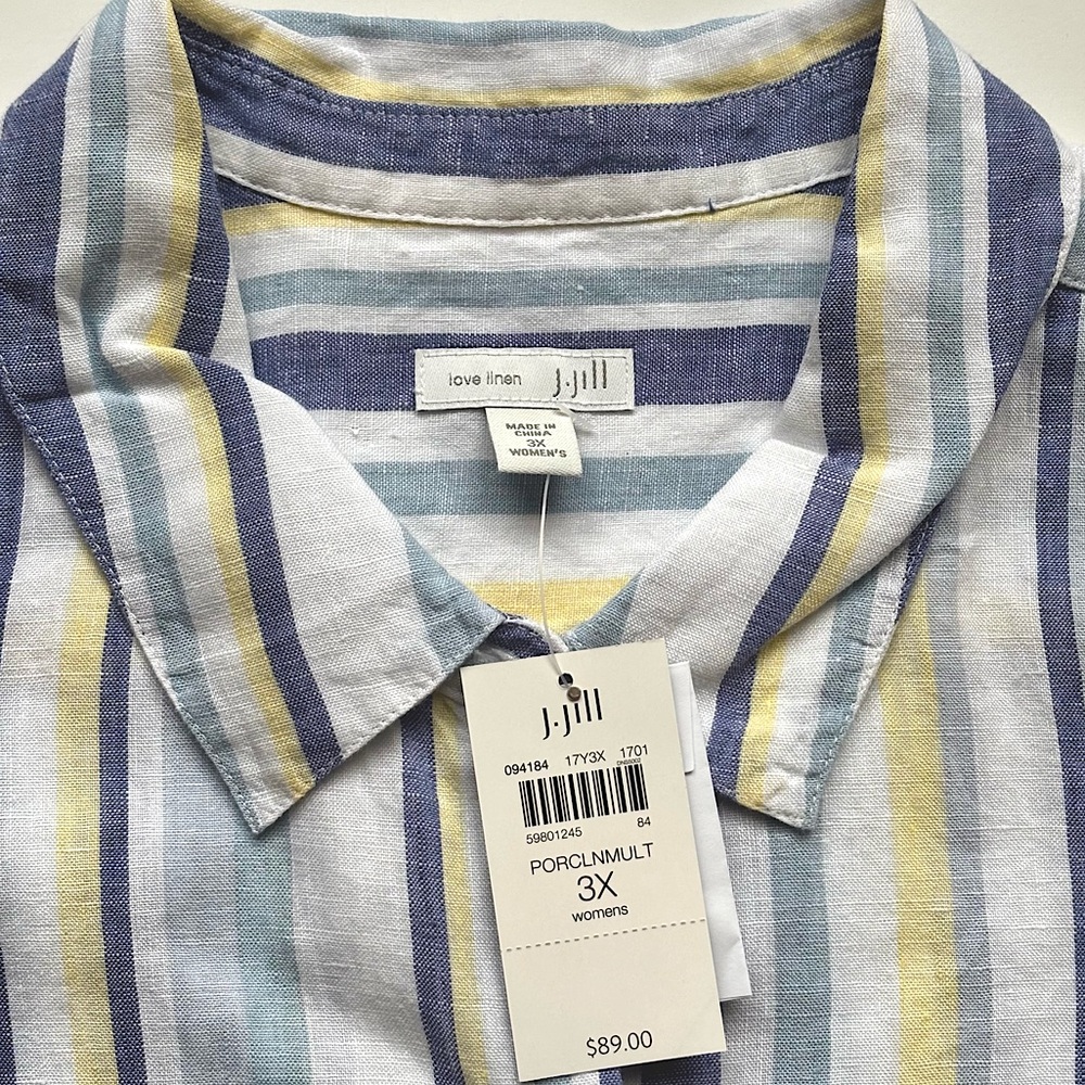 J Jill Love Linen Blue White Yellow Stripe 100% Linen Button Down Long Sleeve 3X - Picture 2 of 10